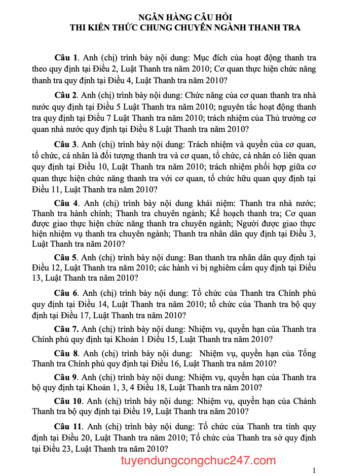 300 câu hỏi kiến thức chung ôn thi công chức thanh tra